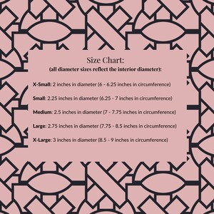 May include: Size chart for a product with different sizes, measured in inches. The chart shows the interior diameter and circumference of each size: X-Small (2 inches), Small (2.25 inches), Medium (2.5 inches), Large (2.75 inches), and X-Large (3 inches).