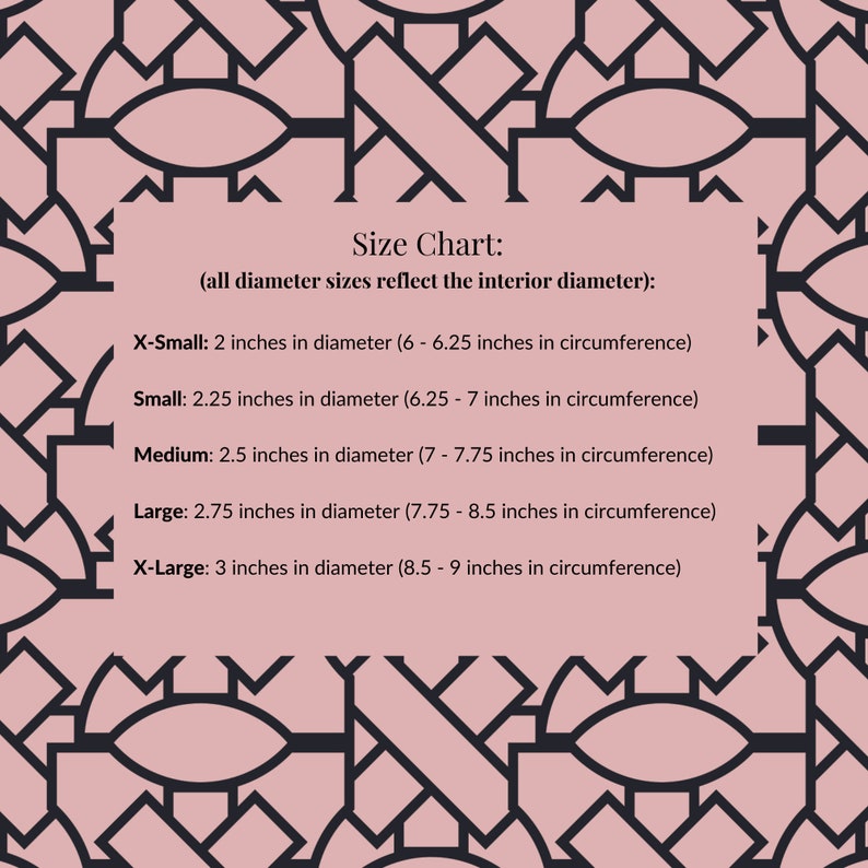 May include: Size chart for a product with different sizes, measured in inches. The chart shows the interior diameter and circumference of each size: X-Small (2 inches), Small (2.25 inches), Medium (2.5 inches), Large (2.75 inches), and X-Large (3 inches).