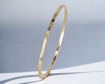 Faceted Thin Yellow Gold Bangle Bracelet, Slip on Bangle