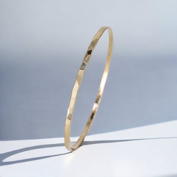 Faceted Thin Yellow Gold Bangle Bracelet, Slip on Bangle