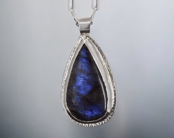 Blue Labradorite Pendant Necklace in Sterling Silver with Intricate Hand Pierced Pattern on the Back