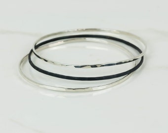 Sterling Silver Bangle Set: Oxidized & Faceted Stacking Bracelets
