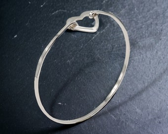 Open Heart Bangle Bracelet Sterling Silver, Hinged Stackable Bracelet