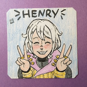 May include: A hand-drawn illustration of a character named "Henry" with white hair, wearing a purple and yellow outfit, smiling and making a peace sign with both hands.