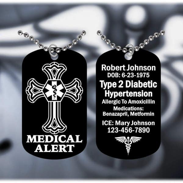 Medical Alert Cross Caduceus Necklace - Super Hard Black Anodized  - Free medical info engraving on back