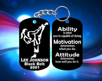 Taekwondo Karate Woman Martial Arts Keychain - Super Tough Metal - Personalized Name, Belt, Year