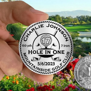 Stainless Steel Golf Ball Marker - Hole In One Design - Large 1-1/2" - Personalized with Name Hole Date Location Distance and Club