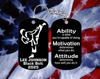 Taekwondo Karate Man Martial Arts Keychain - Super Tough Metal - Personalized Name Belt Year