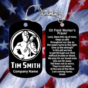 Oil Field Worker Dog Tag Keychain with Prayer - Super Hard Anodized -  Personalized with Name and Company