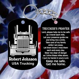 Kenworth Truck Driver Gift with Trucker&#39;s Prayer Dog Tag Keychain - Super Hard Anodized - Personalized