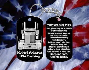 Kenworth Truck Driver Gift with Trucker's Prayer Dog Tag Keychain - Super Hard Anodized - Personalized
