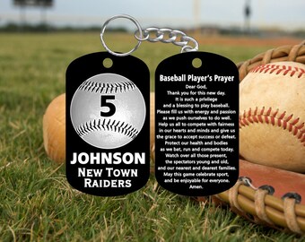 May include: Black and white baseball keychain with a baseball graphic, the number 5, and the text "JOHNSON NEW TOWN RAIDERS". The back of the keychain has a baseball prayer.