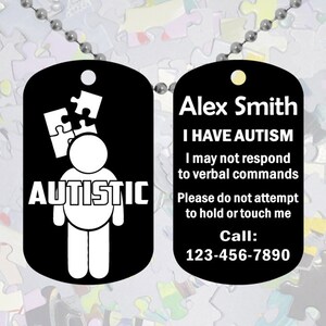 Autism Autistic ID Necklace - Puzzles Icon Design - Lightweight Super Tough - Free Personalization