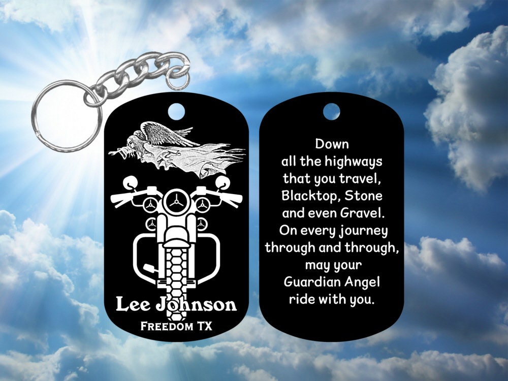 Biker Motorcycle Gift - Guardian Angel - avec Guardian Angel Prayer Dog Tag Keychain - Super Hard Anodized - Personnalisé