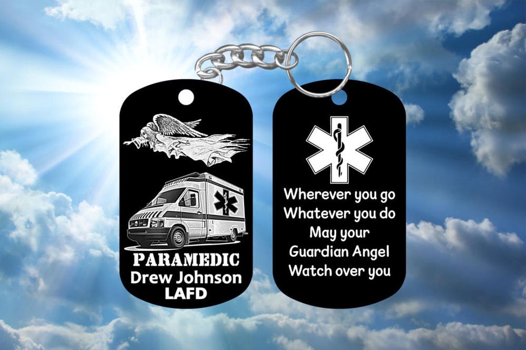Paramedic Gift Guardian Angel and Prayer Dog Tag Keychain Hard Anodized