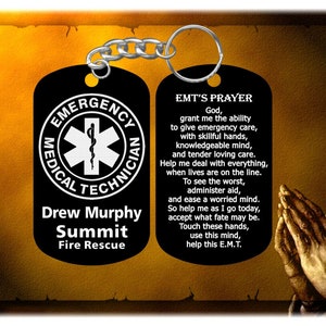 EMT Emergency Medical Technician GI Dog Tag Keychain + EMT Prayer - Personalized Hard Anodized Black