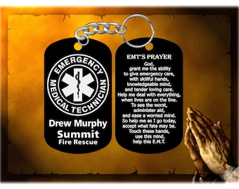 EMT Emergency Medical Technician GI Dog Tag Keychain + EMT Prayer - Personalized Hard Anodized Black