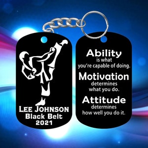 Taekwondo Karate Man Martial Arts Keychain - Super Tough Metal - Personalized Name Belt Year
