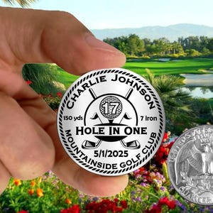 Stainless Steel Golf Ball Marker - Hole In One Design - Large 1-1/4&quot; - Personalized with Name Hole Date Location Distance and Club