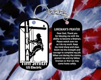 Lineman Dog Tag Keychain with Lineman's Prayer - Super Hard Anodized -  Personalized with Name and Company