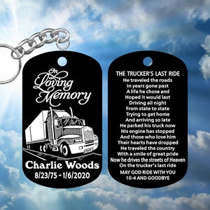 Semi Truck Driver In Loving Memory Keychain with The Trucker&#39;s Last Ride Prayer - Personalized