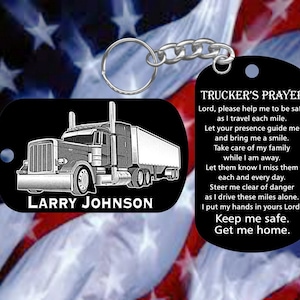 Peterbilt Semi Personalized Truck Driver Keychain with Trucker&#39;s Prayer ...1-1/8&quot; x 2&quot; - Ultra Black-Super Tough Metal