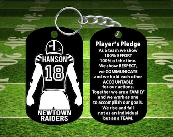 Football Player Gift - Dog Tag Keychain with Player's Pledge - Super Tough Metal - Personalized with Name, Number and Team