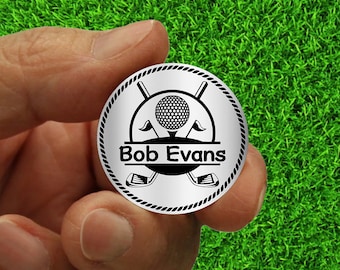 Stainless Steel Golf Ball Marker - Ball Clubs and Flags Design - Personalized with Name