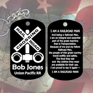 Railroad Worker Dog Tag Keychain with Prayer - Super Hard Anodized -  Personalized with Name and Company