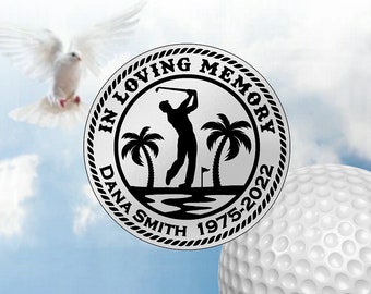 In Loving Memory Memorial Stainless Steel Golf Ball Marker - Golfing Man Palm Trees Design - Personalized with Name and Dates