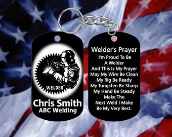 Welder Dog Tag Keychain with Welder's Prayer - Super Tough Metal -  Personalized with Name & Company