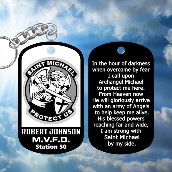 Saint Michael Protector of Firefighters Dog Tag Keychain with Prayer -  Hard Anodized Black - Personalized