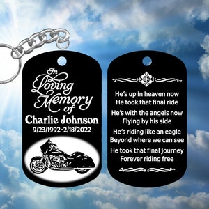 Biker - Motorcycle Remembrance Keychain - In Loving Memory with A Biker&#39;s Epitaph - Personalized - Ultra-Black Super-Tough Metal