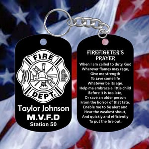 Firefighter Maltese Cross Keychain with Firefighter&#39;s Prayer - Hard Anodized Black - Personalized