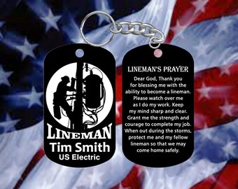 Lineman Dog Tag Keychain with Lineman's Prayer - Super Hard Anodized -  Personalized with Name and Company