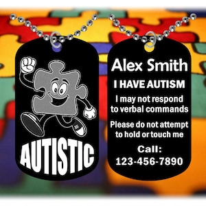 Autism Autistic ID Necklace - Puzzle Design - Lightweight Super Tough Metal - Free Personalization