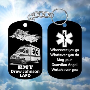EMT Gift - Guardian Angel and Prayer Dog Tag Keychain - Hard Anodized Black -  Personalized