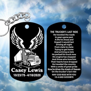 Truck Driver In Loving Memory Keychain with The Trucker&#39;s Last Ride Prayer - Personalized