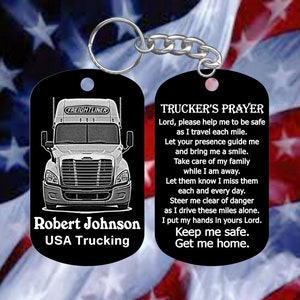 Freightliner Truck Driver Gift with Trucker&#39;s Prayer Dog Tag Keychain - Super Hard Anodized - Personalized