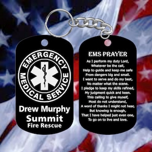 EMS Emergency Medical Service GI Dog Tag Keychain + EMS Prayer - Personalized Hard Anodized Black
