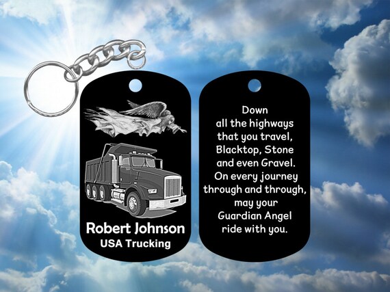 Conductor de camion volquete Guardian Angel Dog Tag Keychain with Prayer Super Tough Metal Personalizado