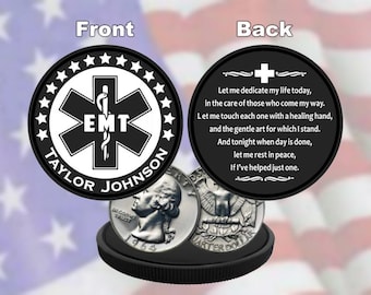 EMT Personalized Coin with Prayer - Laser Engraved Challenge Coin Size 1-5/8'' x 1/8'' Thick