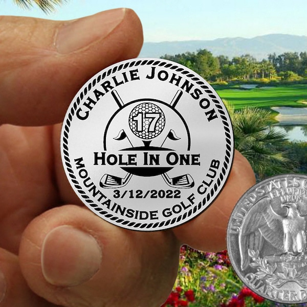 Stainless Steel Golf Ball Marker - Hole In One Design - 1-1/4" - Personalized with Name Hole Date and Location