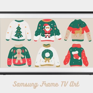 Puede incluir: Una impresión de arte digital de seis suéteres navideños con varios diseños, que incluyen un árbol de Navidad, Santa Claus, un reno, un hombre de jengibre, una corona y una media. La impresión se muestra en un televisor Samsung Frame TV Art con marco negro.