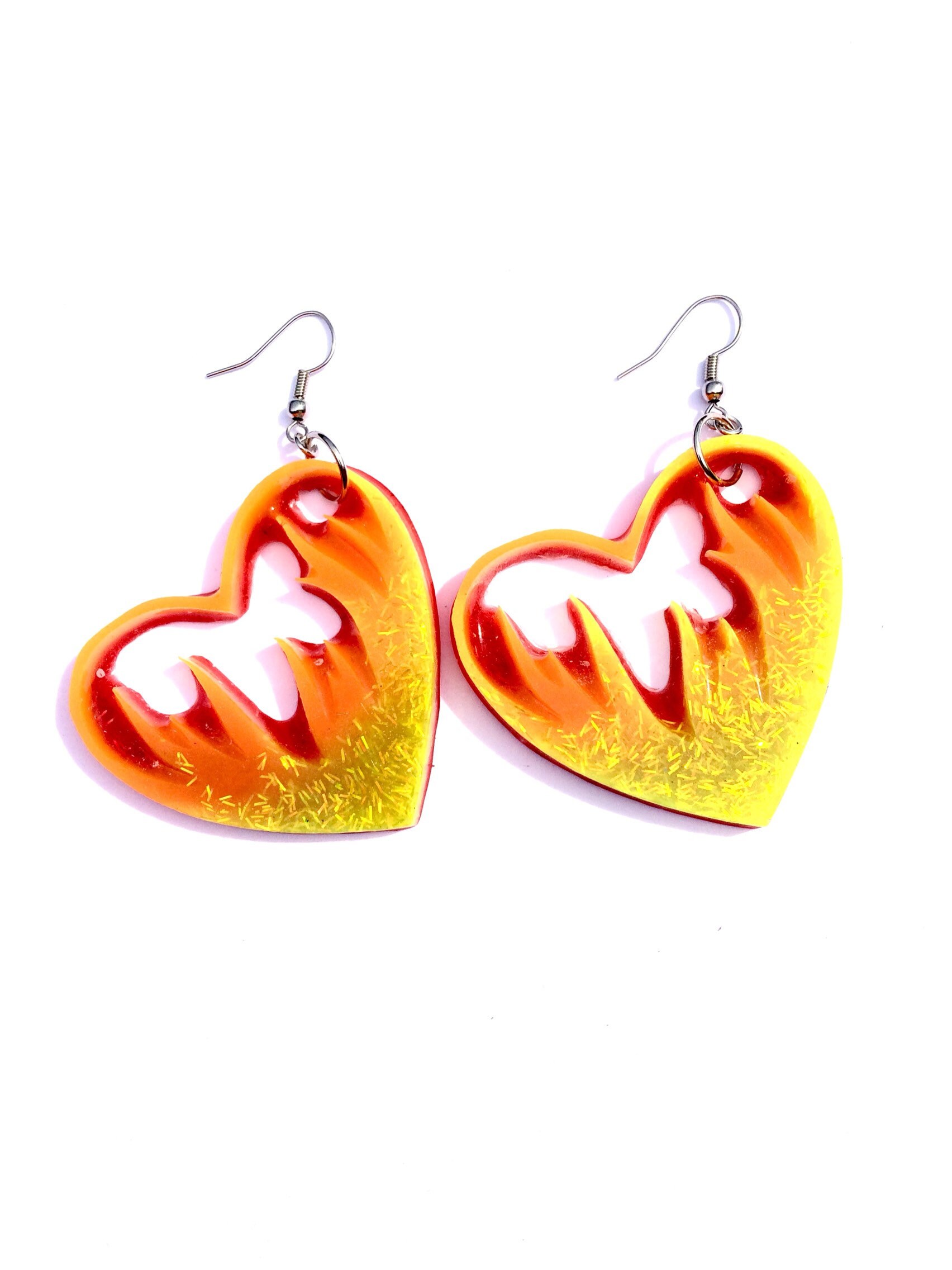 Fire earrings flame charm flame earrings flame heart earrings Etsy