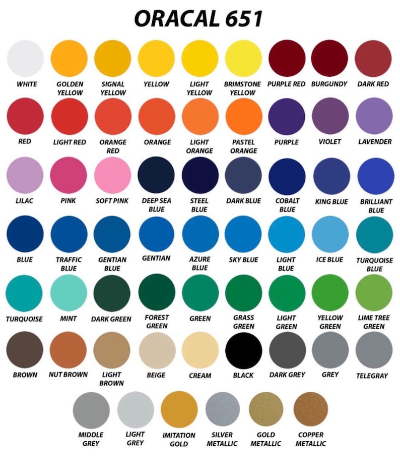 Puede incluir: Una carta de colores con 61 colores diferentes, incluyendo blanco, negro, rojo, azul, verde, amarillo, naranja, morado, marr&oacute;n y gris. La carta est&aacute; etiquetada como "ORACAL 651".