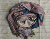 Indian Shawl w Personalized Gift Tag, Indian Scarf, Paisley Stole, Two Sided Shawl, Yoga Scarf, Blue Beige Woven Stole, Boho Ethnic Gift