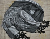Silver Gray Indian Shawl, Head Scarf, Black Stole w Personalized Tag, Two Tone Shawl, Lace Woven Stole, Anniversary, Wedding Guest Shawl