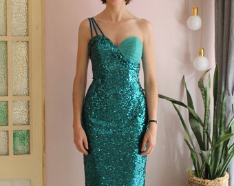 Turquoise one shoulder paillette dress, made to measure strapless fitted dress with built-in corselette, vintage-true 50s dress, Mary dress
