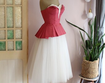 White pink wedding dress with built-in corselette,peplum top and full tulle skirt dress,made-to-measure strapless dress,Sonia Cutaway dress